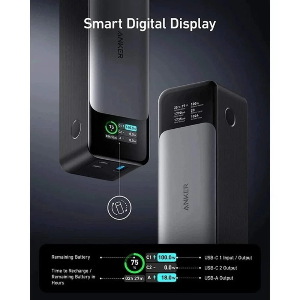 Anker 737 Portable Power Bank 140W GaN 24000mAh Battery Pack Charging, Display